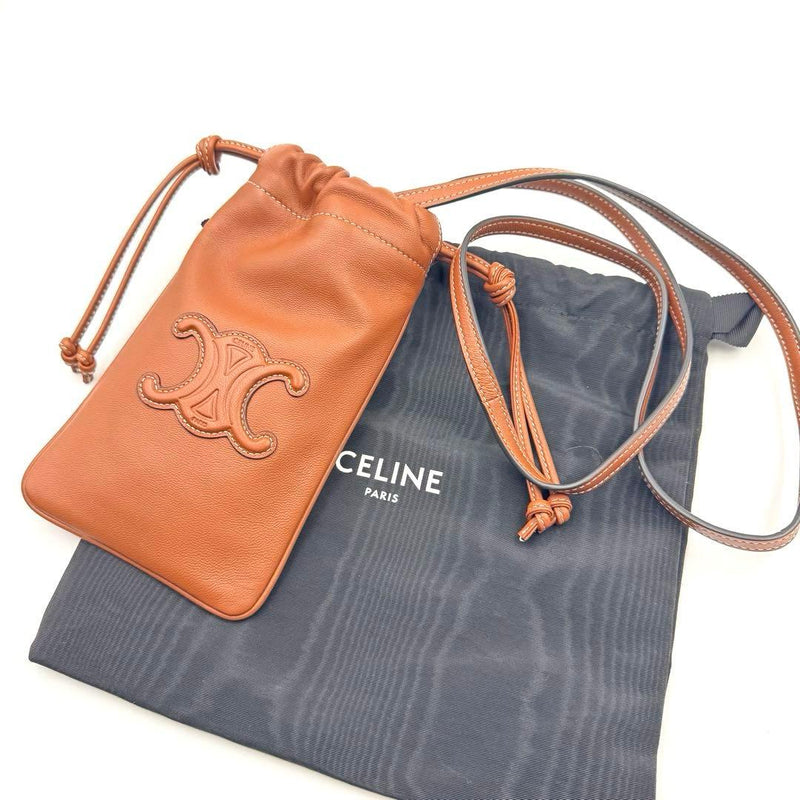 CELINE Drawstring Cuir Brown Leather Smartphone Shoulder Bag 12x20cm Crossbody