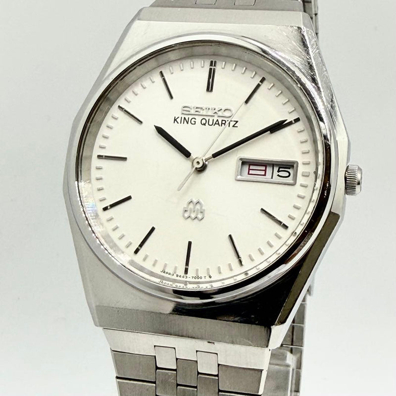 SEIKO KING QUARTZ Octagonal 9443-700A Mens Watch 33mm SS Silver Quartz Day-Date