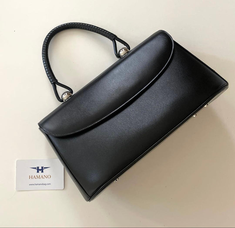 HAMANO Royal Stand Formal Handbag Black Silver Leather Rear Zip Pocket