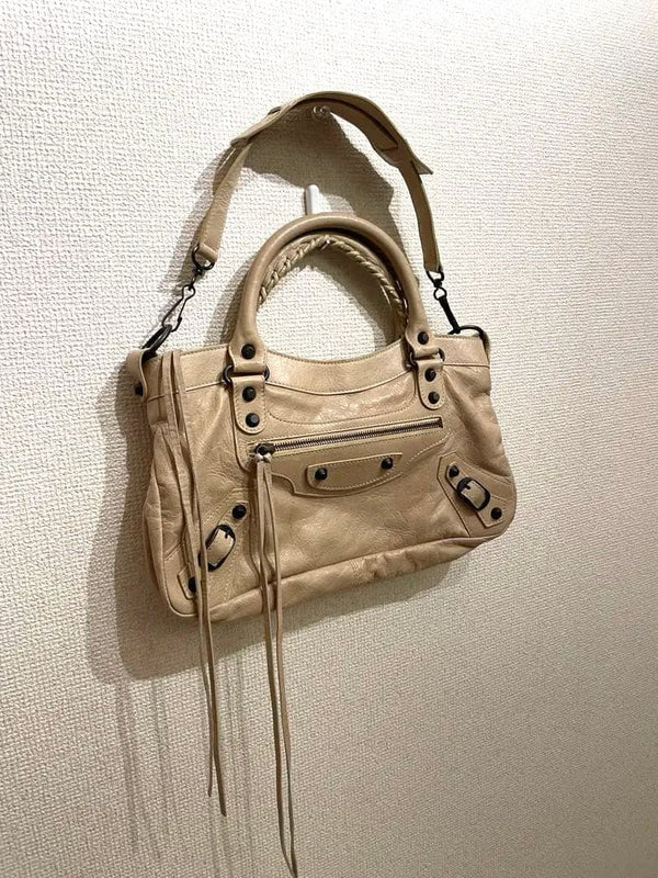 BALENCIAGA The City 115748 Beige Leather 2Way Shoulder Bag Studs Y2K