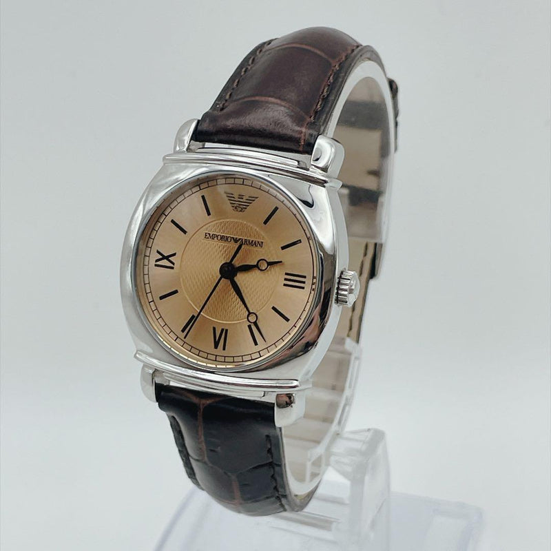 EMPORIO ARMANI Mens Quartz Watch Champagne Gold Guilloche Roman Leather Brown