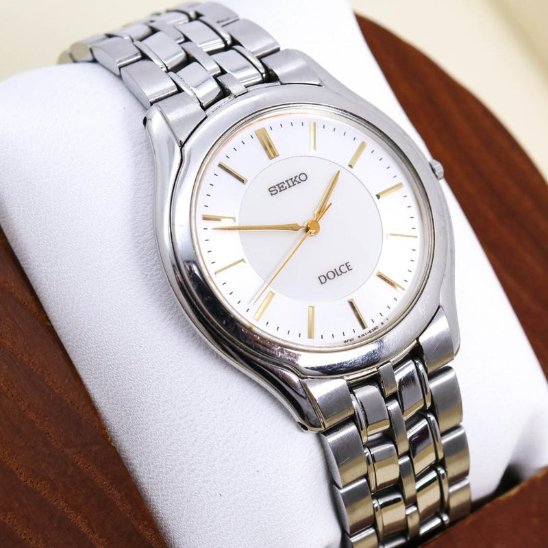 SEIKO Dolce 8J41-6030 Quartz 33mm Slim Case White Shell Dial Gold Silver Watch