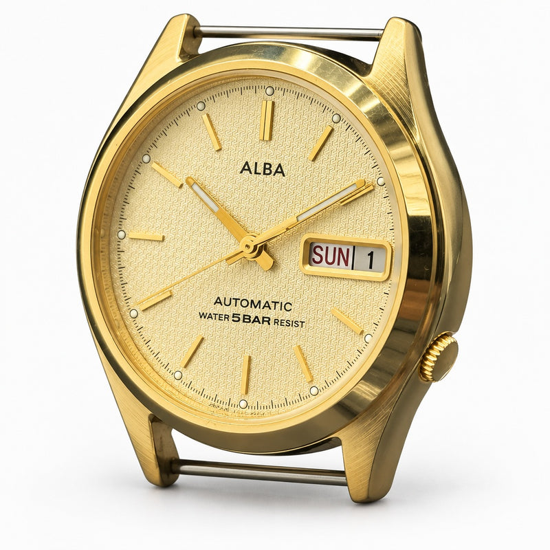 ALBA Y622-8000 Automatic 34.4mm Gold Tone Day-Date Black Leather 5BAR Mens Watch