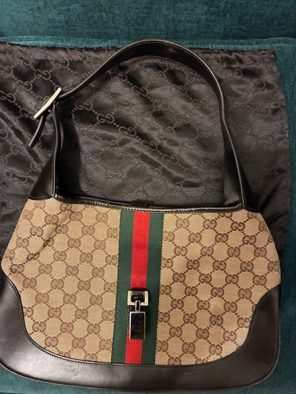 Gucci Jackie 001-3306 1956 Shoulder Bag Canvas GG Web Brown Beige 21x32x4cm