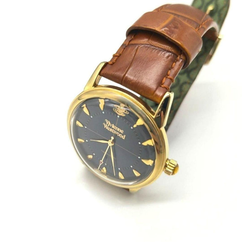 Vivienne Westwood Mens Wristwatch 40mm Black Dial Gold Tone Case Brown Band