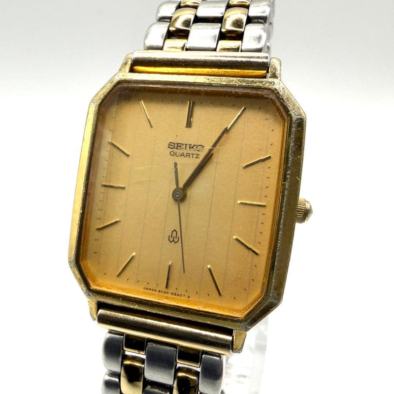 SEIKO 6030-5470 Quartz Rectangular Gold Dial Two-Tone Striped SS Bracelet Watch