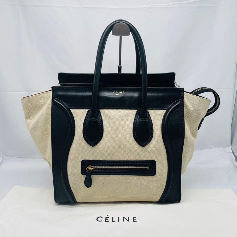 CELINE Luggage Mini Tote Bag Beige Black Canvas Leather H28 W30 D18cm