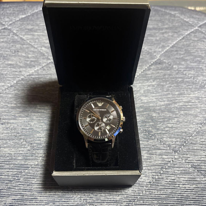 EMPORIO ARMANI AR2447 Chronograph Date Black SS Embossed Leather Watch 50M