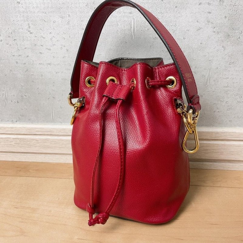 FENDI Mon Tresor 8BS010 Mini Red Calf Leather Drawstring 2-Way Bucket Bag