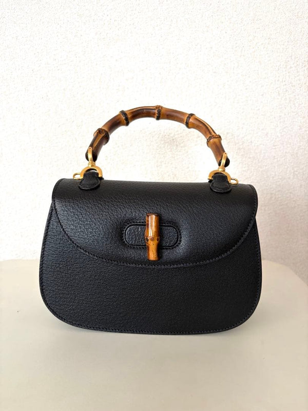 GUCCI Bamboo 2-Way Handbag Black Leather Shoulder Strap Dust Bag Italy 1990s