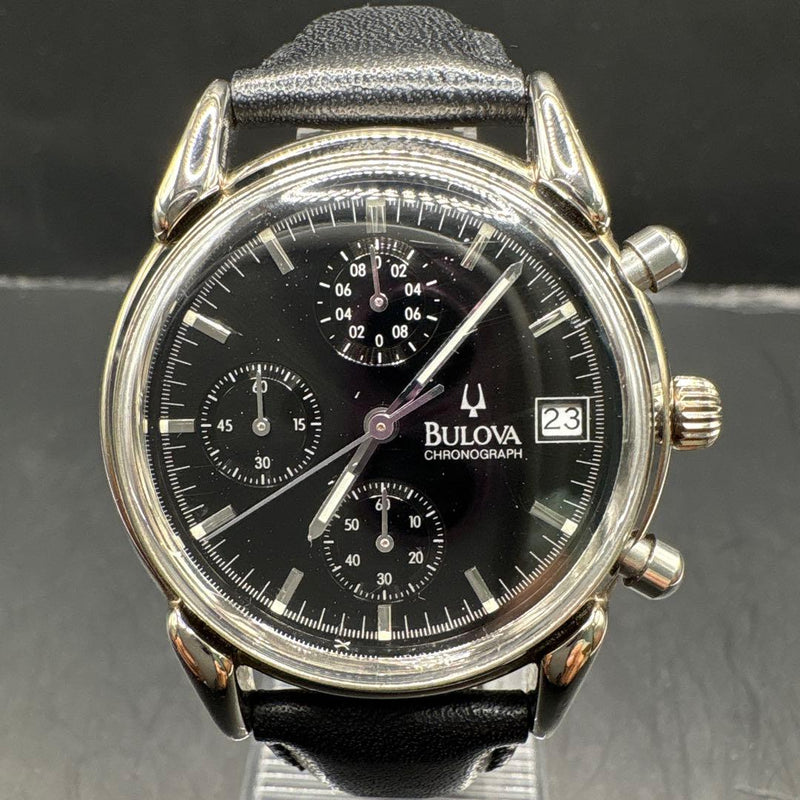 BULOVA BVC302 Watch Quartz Chronograph Date Black Dial 37mm Leather Band