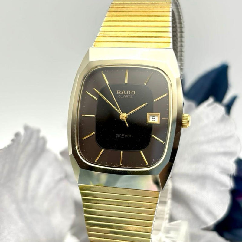 RADO DIASTAR Gold Rectangular Watch Black Dial 30mm Gold Band 8.1in
