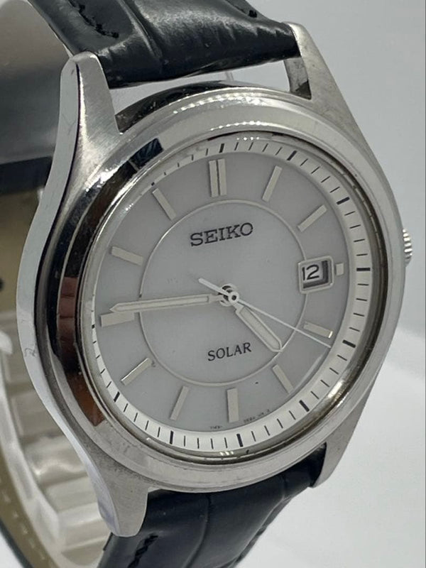 SEIKO Solar Powered Analog Display Wrist Watch Silver Dial Black Leather Band