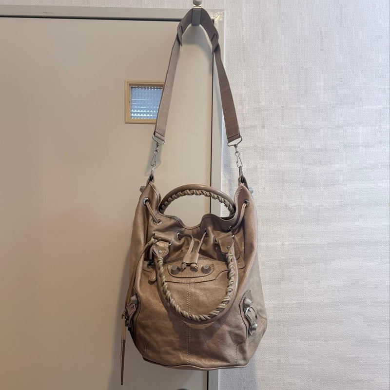 BALENCIAGA Giant Mini Pompon 285439 Goatskin Beige 2WAY Bag 30cm W 23.5cm H