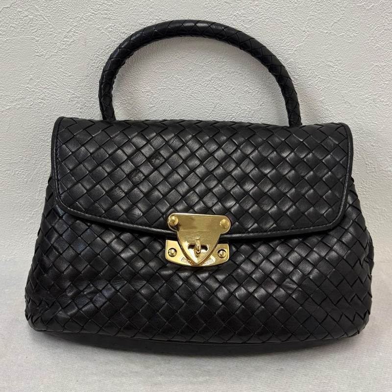 BOTTEGA VENETA Intrecciato Leather Handbag Black 10.6x6.7x3.5in Mirror Pouch