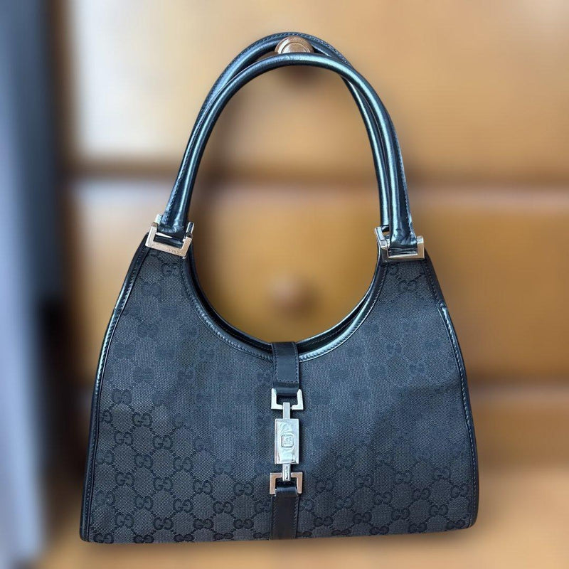 GUCCI Jackie GG Canvas Leather Black Shoulder Bag 002-1057 16.5x31x8.5cm