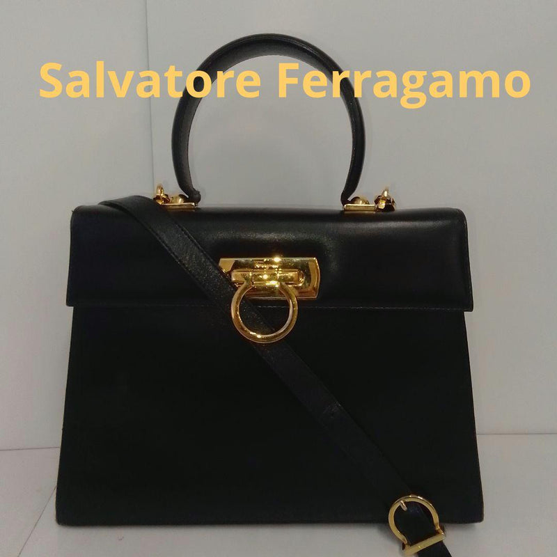 Salvatore Ferragamo Gancini O 212181 Black Leather 2WAY Handbag 21x27.5x9.5cm