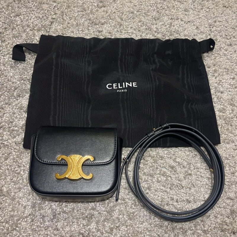CELINE Triomphe Mini Claude Shoulder Bag Black Leather Gold Hardware W11cm