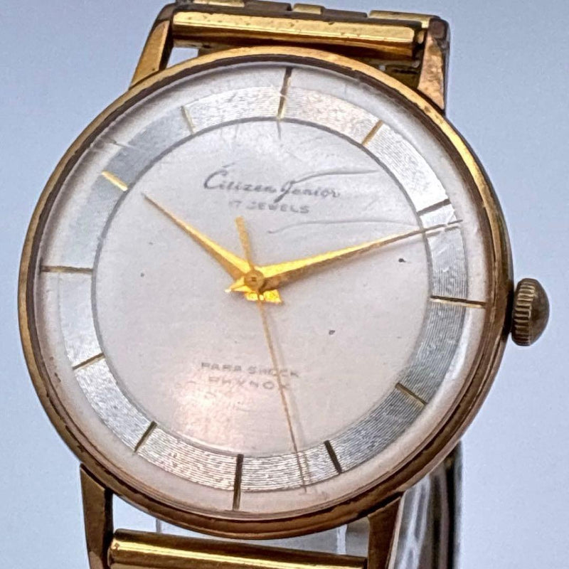 CITIZEN Junior Manual 17J Mens Gold Tone Watch 34.4mm White Dial Gold Band