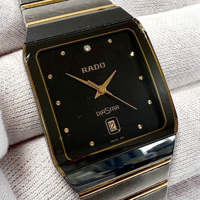 Rado Diastar Quartz Mens Watch Black Dial 1P Diamond Date Day 28.8mm SS