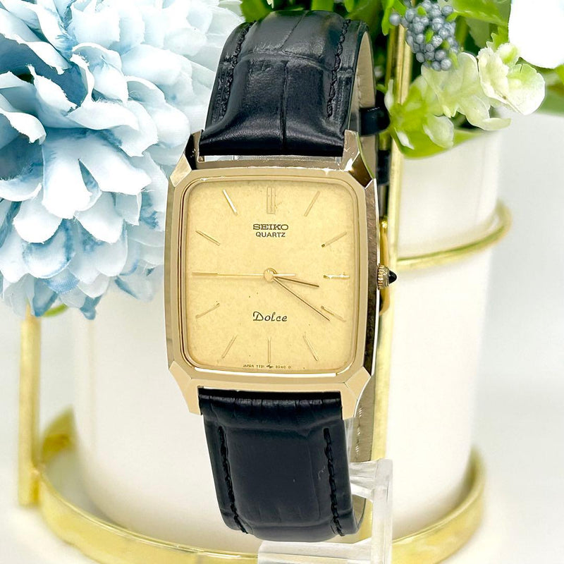 SEIKO DOLCE 7731-5040 Quartz Gold Tone Rectangular 37mm x 29mm Black Dial Watch