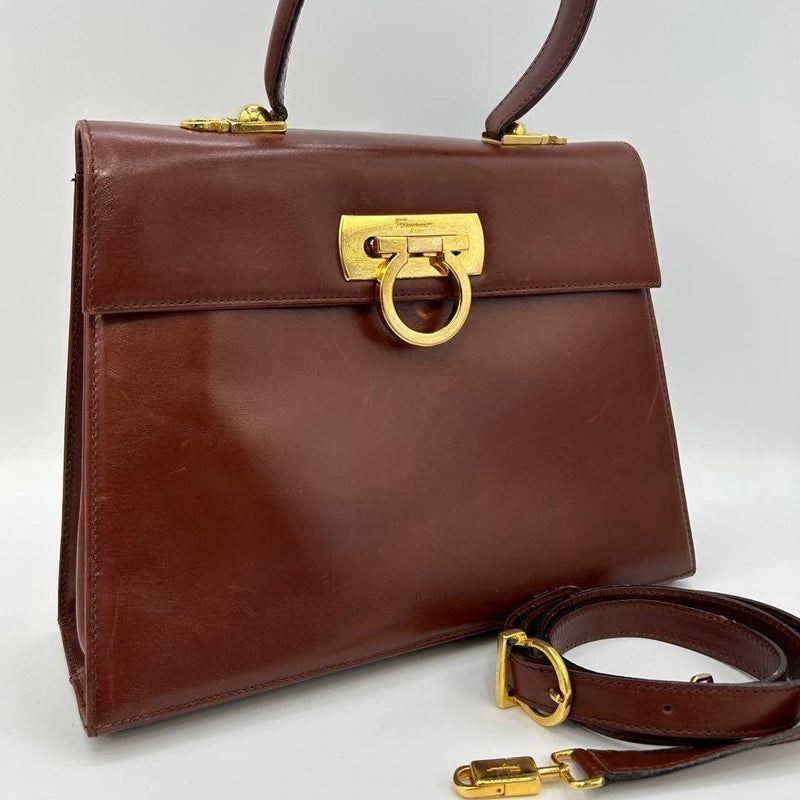 Salvatore Ferragamo Gancini 2WAY Calf Leather Handbag Brown 28x22x9cm
