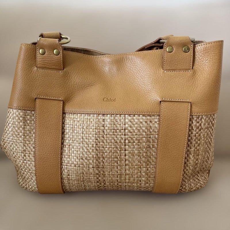Chloe Genuine Leather Raffia Straw Basket Tote Bag Beige White 33x24x10cm