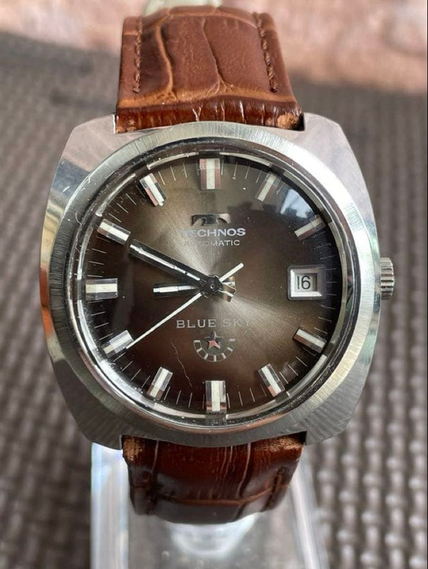 TECHNOS BLUE SKY Mens Automatic 25 Jewel 38mm Brown Gradient Date Wristwatch