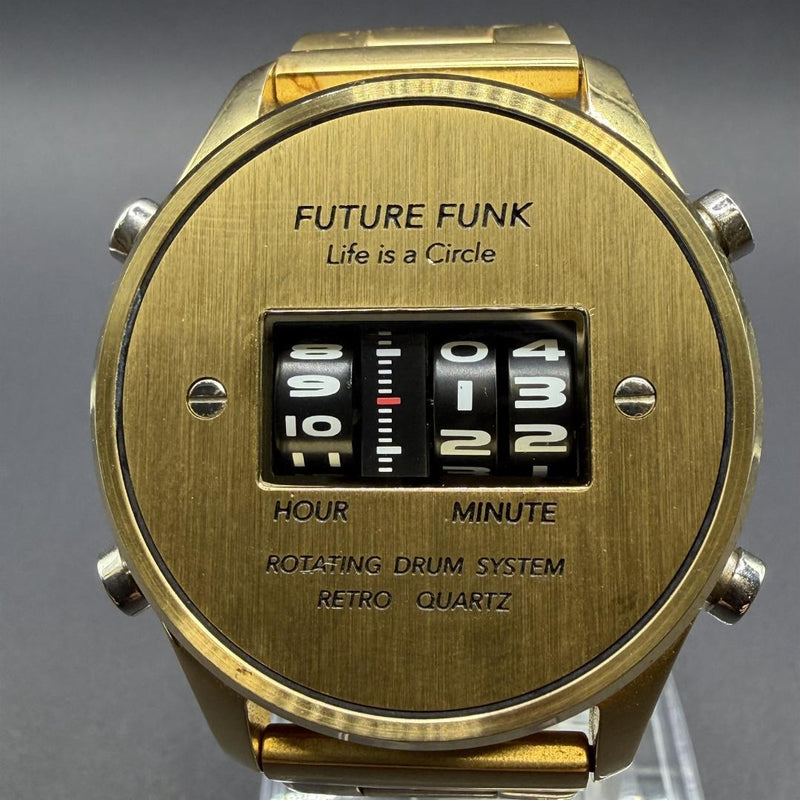 FUTURE FUNK FF102 Rotating Drum Watch Quartz Gold Case 43mm SS Bracelet 3ATM