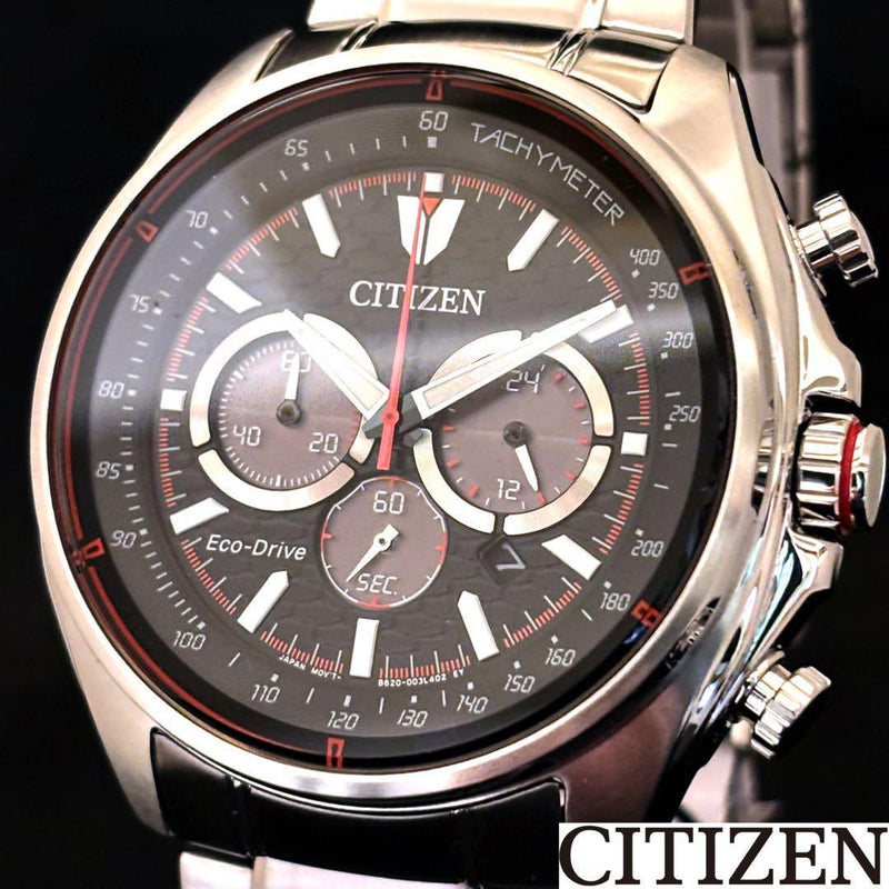 CITIZEN Eco-Drive Quartz Chronograph Watch 44mm Black Dial Silver Band 100m WR
