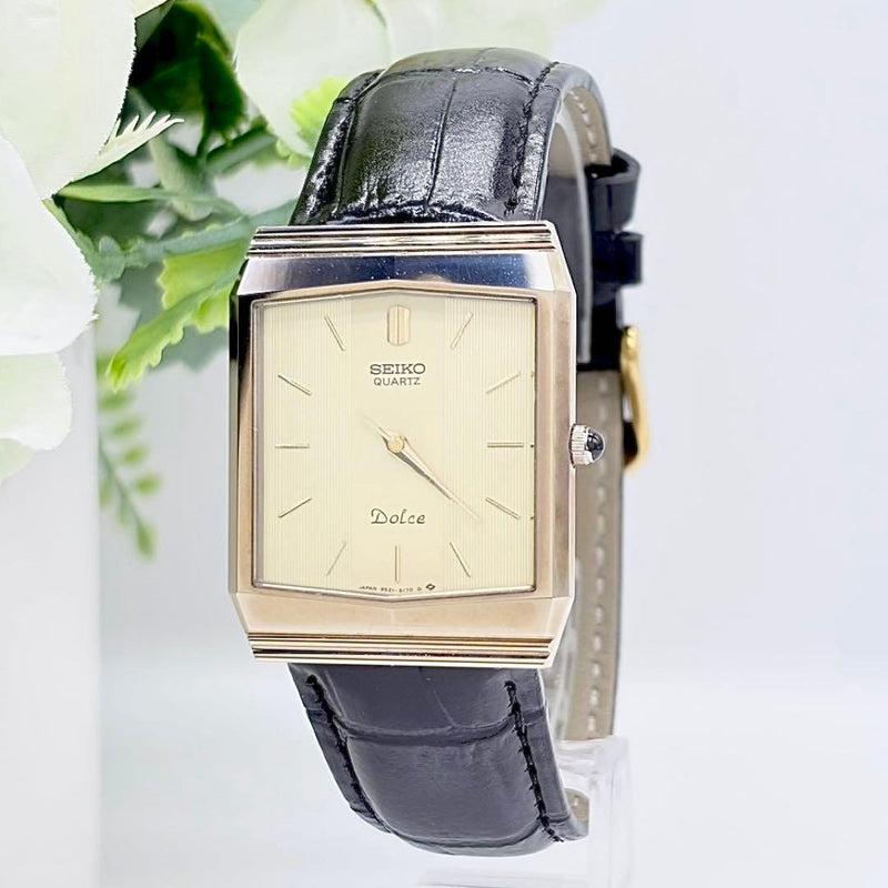 SEIKO Dolce 9521-5170 Gold Square 30mm Quartz Mens Watch Black Dial