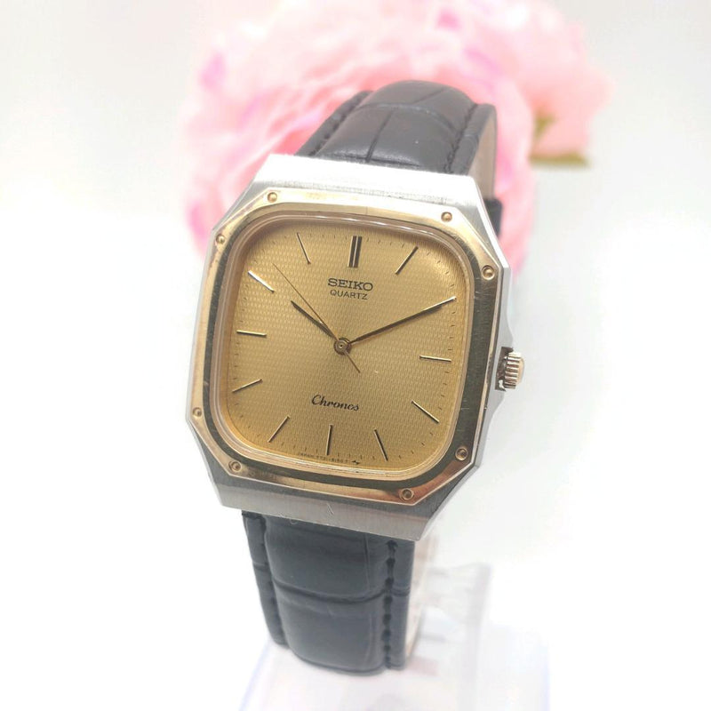 SEIKO Chronos Quartz Mens Square 30mm Gold Dial Aftermarket Band Watch