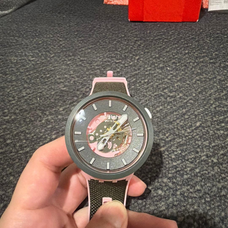 SB05P100 MISTY CLIFFS Skeleton Dial Watch Pink Black Swiss Quartz 47mm