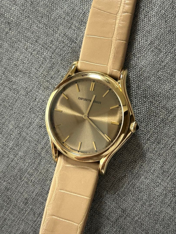 EMPORIO ARMANI ARS-2011 Mens Watch Quartz 38mm Gold Dial Beige Leather Swiss