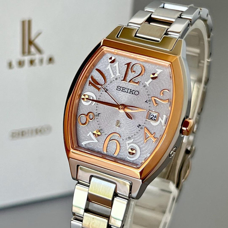 SEIKO LUKIA SSVW214 1B32 Radio Solar Tonneau Watch Pink Goldtone 27.7x36.3mm