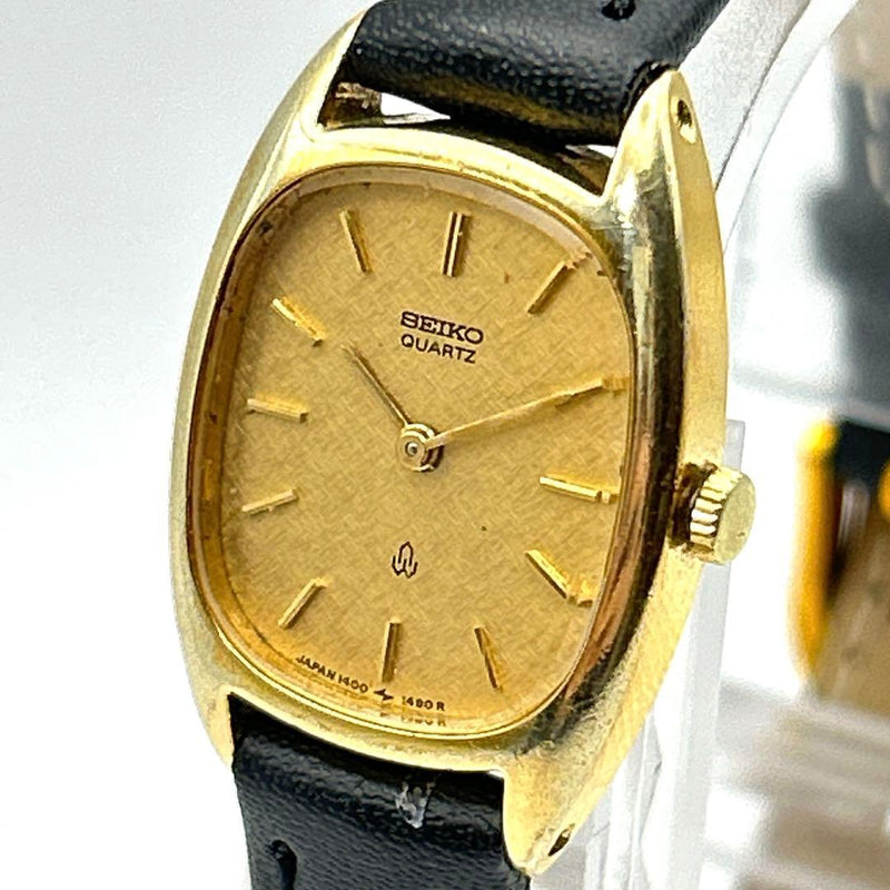 SEIKO SGP Square Quartz Watch 18.5mm Beige Dial Black Leather Band Max 16.3cm