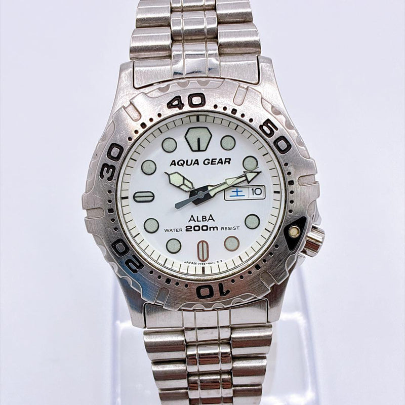 SEIKO ALBA AQUA GEAR V736-6A10 Quartz Silver Tone Diver Watch 200m White Dial