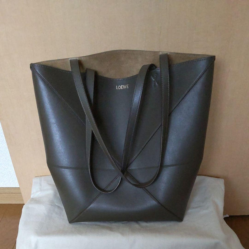 LOEWE Puzzle Fold Tote Bag IDA657G50X01 Medium Dark Khaki Shiny Calfskin Leather