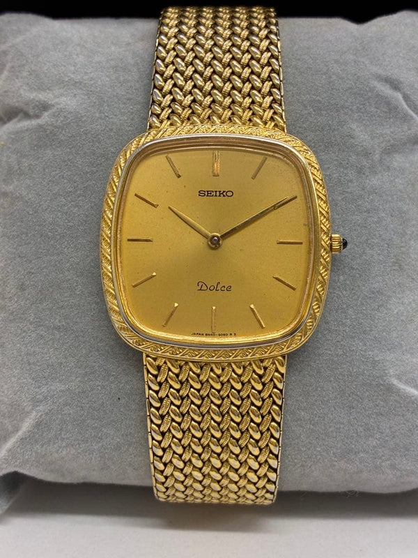 SEIKO DOLCE 8N40-5040 Quartz Gold Case 31mm Gold Dial Engraved Bezel Mesh Band