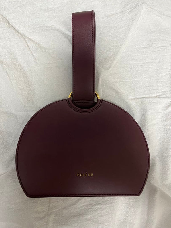 POLÈNE Numéro Six Bordeaux Leather Half-Moon Handbag Gold Ring 7.1x5.7x2.2in