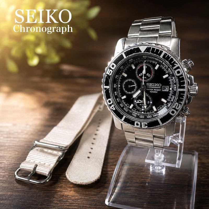 Seiko SNA304 7T62-0AE0 Quartz Chronograph Watch Black Dial SS Tachymeter Bezel