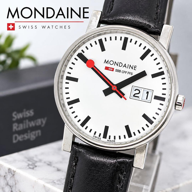 MONDAINE Evo Big Date 30300 Mens Quartz Watch 35.3mm White Dial Black Leather