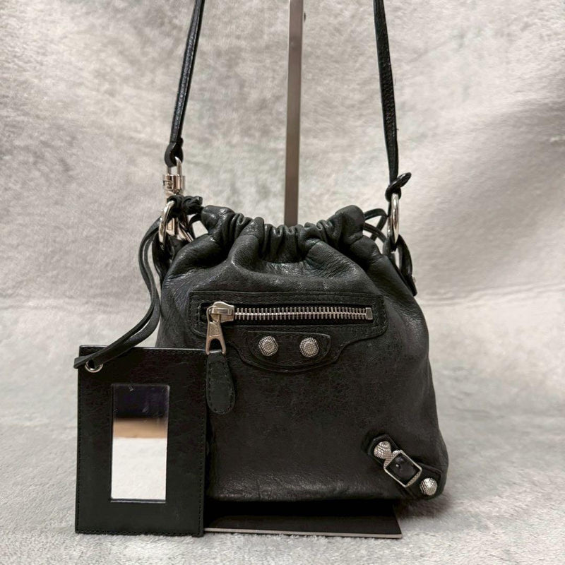 Balenciaga The City Mini Drawstring Bag Leather Black 252617 H6.7xW5.5xD1.6in
