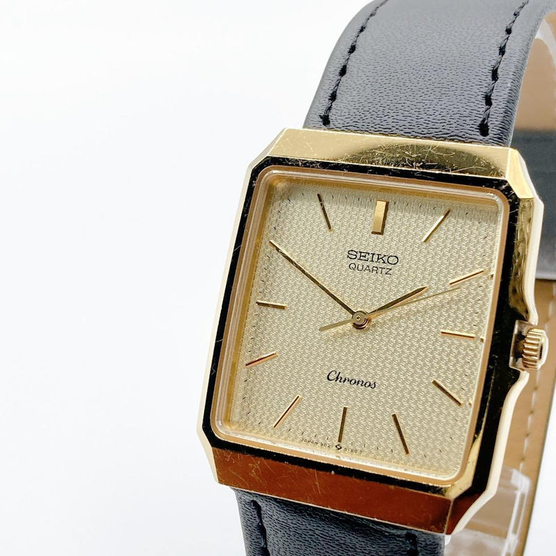 SEIKO Chronos 9021-5220 Quartz Square Watch 29.2mm Gold Tone Black Aftermarket