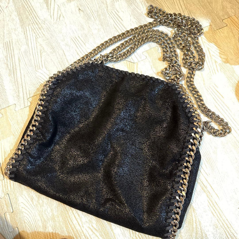 STELLA McCARTNEY Falabella Shoulder Bag Black Chain Trim Vegan Shaggy Deer Italy