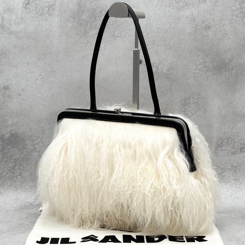 JIL SANDER Lamb Fur Leather Kiss-Lock Shoulder Bag Black White 10.6x8.7x3.1in