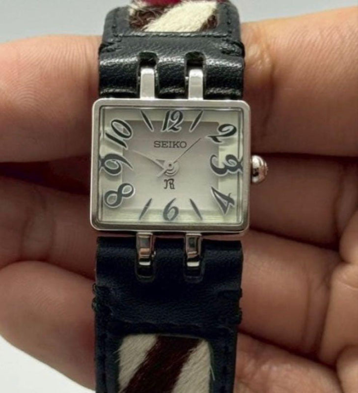 SEIKO Analog Quartz Square Animal Print Calf Hair Watch Pink Lined
