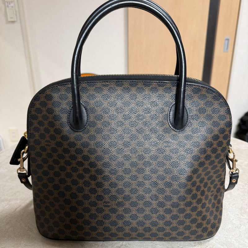 CELINE 2way Hand Bag Macadam Canvas PVC Leather Black Gold Hardware 30x23x13cm