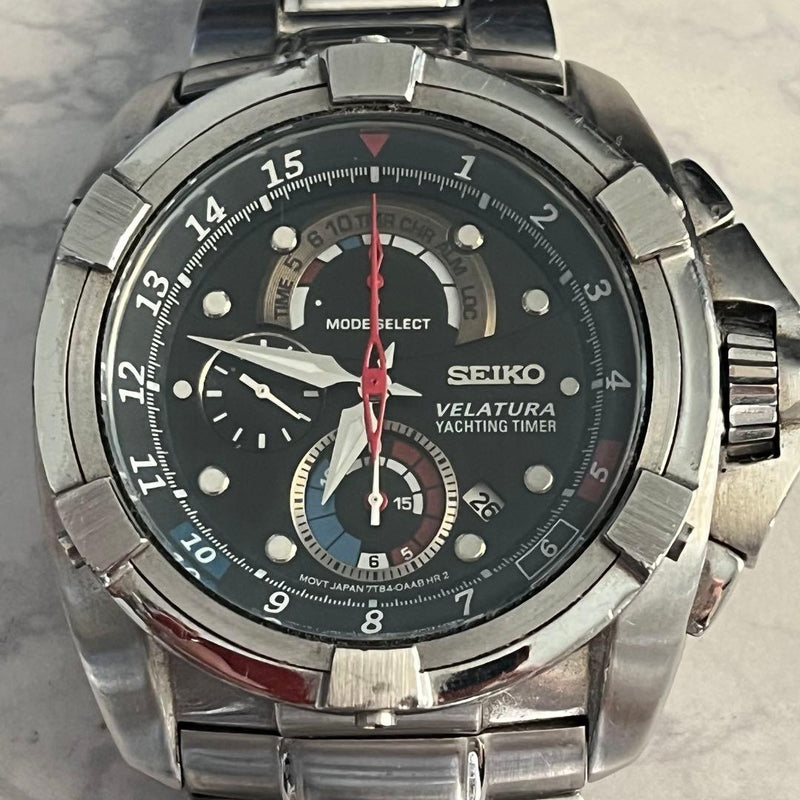 SEIKO VELATURA YACHTING TIMER Quartz 7T84 Stainless Steel 10 Bar WR Leather Band