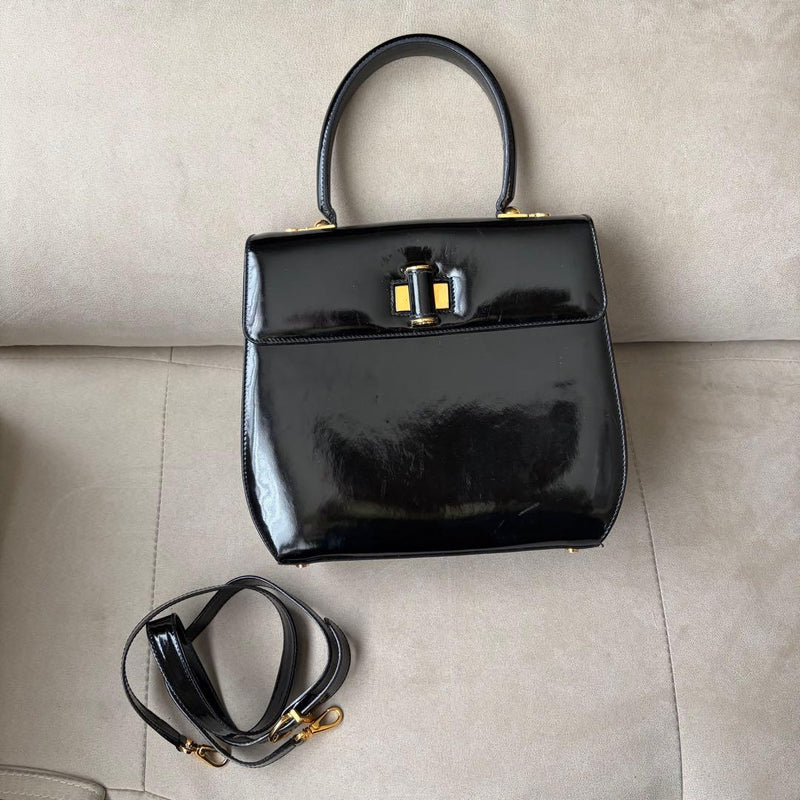 Salvatore Ferragamo AT-21 Black Enamel 2-Way Shoulder Bag Gold Hardware